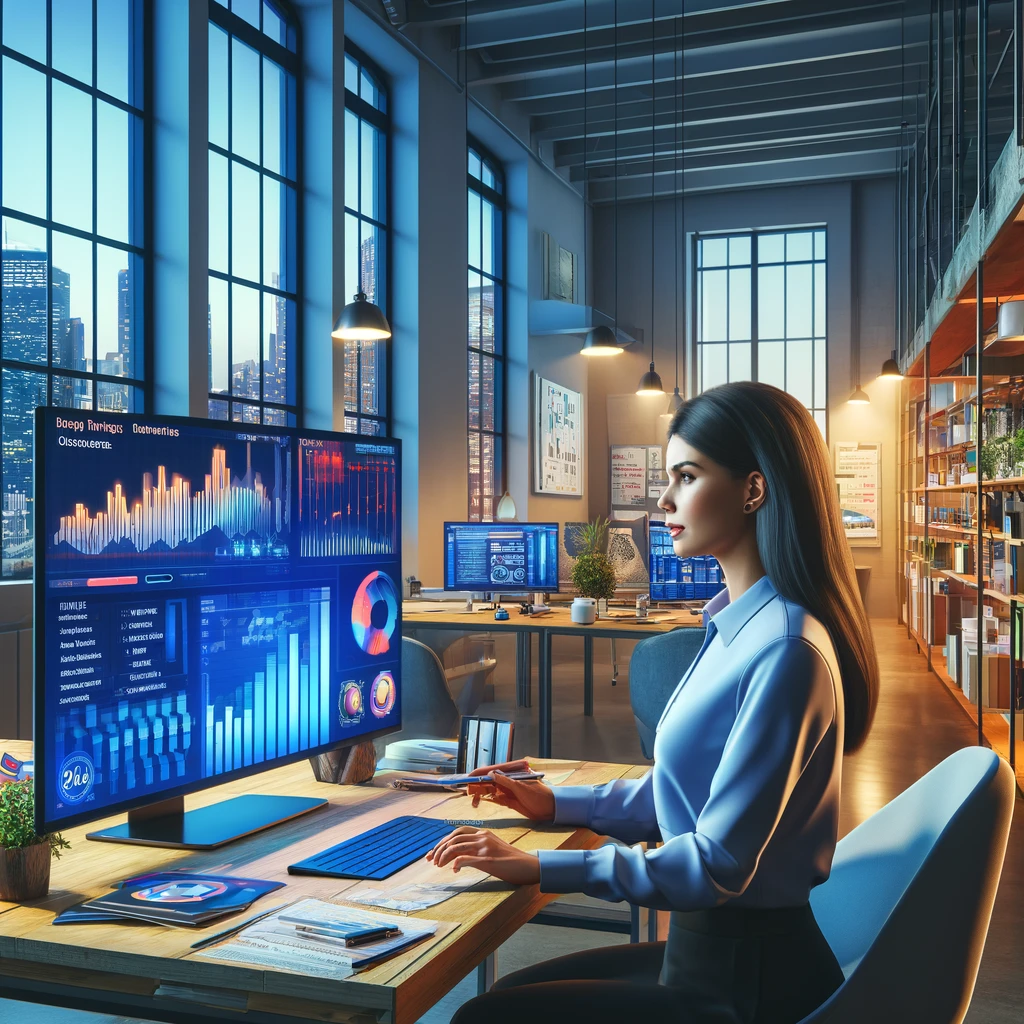 DALL·E 2024 05 09 11.25.53 A vibrant photorealistic image of a marketing consultant conducting market research. The scene is set in a modern well lit office environment with a