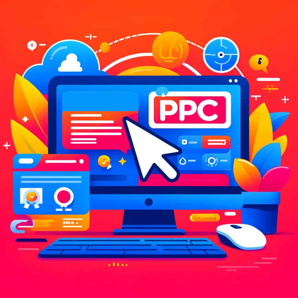 A vibrant and engaging featured image for a blog section titled 'Explore Pay-Per-Click (PPC) Advertising'. The image includes a computer screen