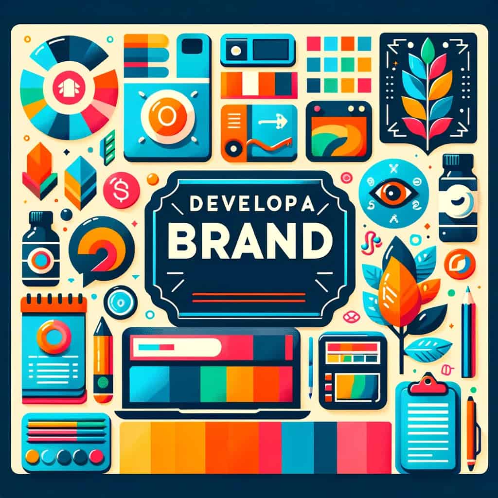 A vibrant and engaging featured image for a blog section titled 'Develop a Strong Brand Identity'. The image includes a design palette