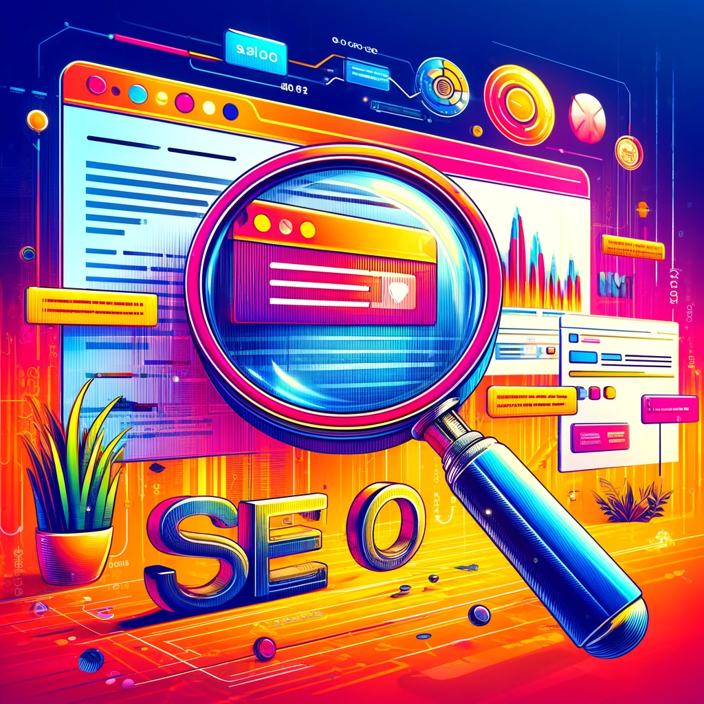 DALL·E 2024 05 11 16.47.15 A vibrant and engaging featured image for a blog section titled Leverage the Power of SEO. The image includes a magnifying glass over a web page sy