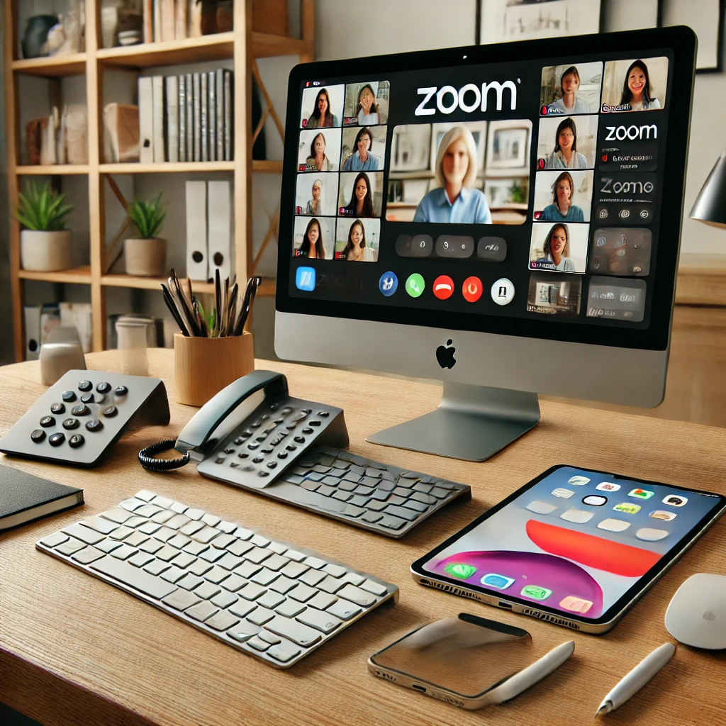 DALL·E 2024 06 21 10.34.40 A modern home office setup with an Apple Mac displaying a Zoom FaceTime meeting accompanied by an Apple keyboard trackpad iPad and iPhone on the d