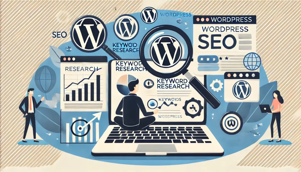 DALL·E 2024 07 01 13.36.02 An illustration showing a person working on a laptop with various elements around representing keyword research for WordPress SEO. Include symbols suc