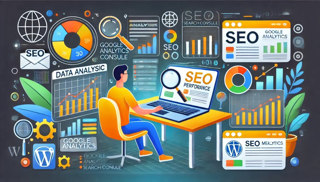 DALL·E 2024 07 01 13.37.53 An illustration showing a person analyzing SEO performance on a laptop surrounded by elements such as charts graphs and analytical tools. Include i