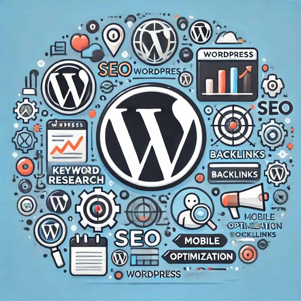 DALL·E 2024 07 01 13.32.25 An illustration showing a WordPress logo surrounded by various SEO related icons and elements. Include symbols representing keyword research analytic