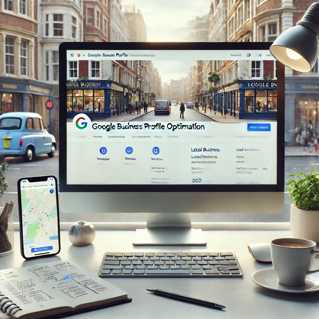 DALL·E 2024-10-10 13.35.02 - A photorealistic image representing Google Business Profile optimisation for a UK-based business in 2024. The image features a desktop computer with t