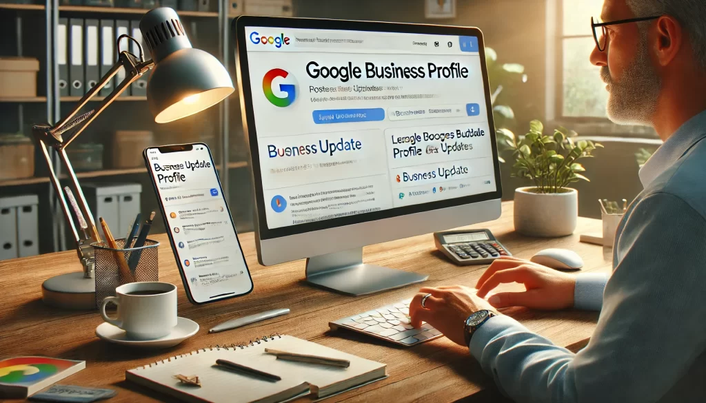 Here is the photorealistic image representing the "Leveraging GBP Posts and Updates" section. It highlights the importance of regularly updating your Google Business Profile to engage with customers.