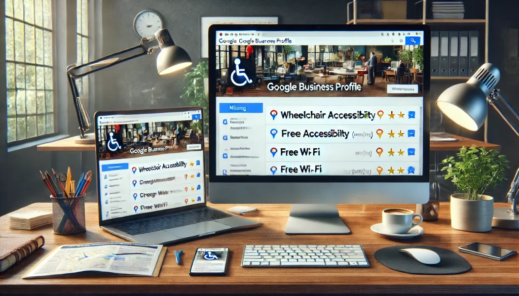 DALL·E 2024 10 10 14.17.28 A photorealistic image reflecting the mistake of ignoring or failing to optimize attributes on a Google Business Profile. The image shows a computer s