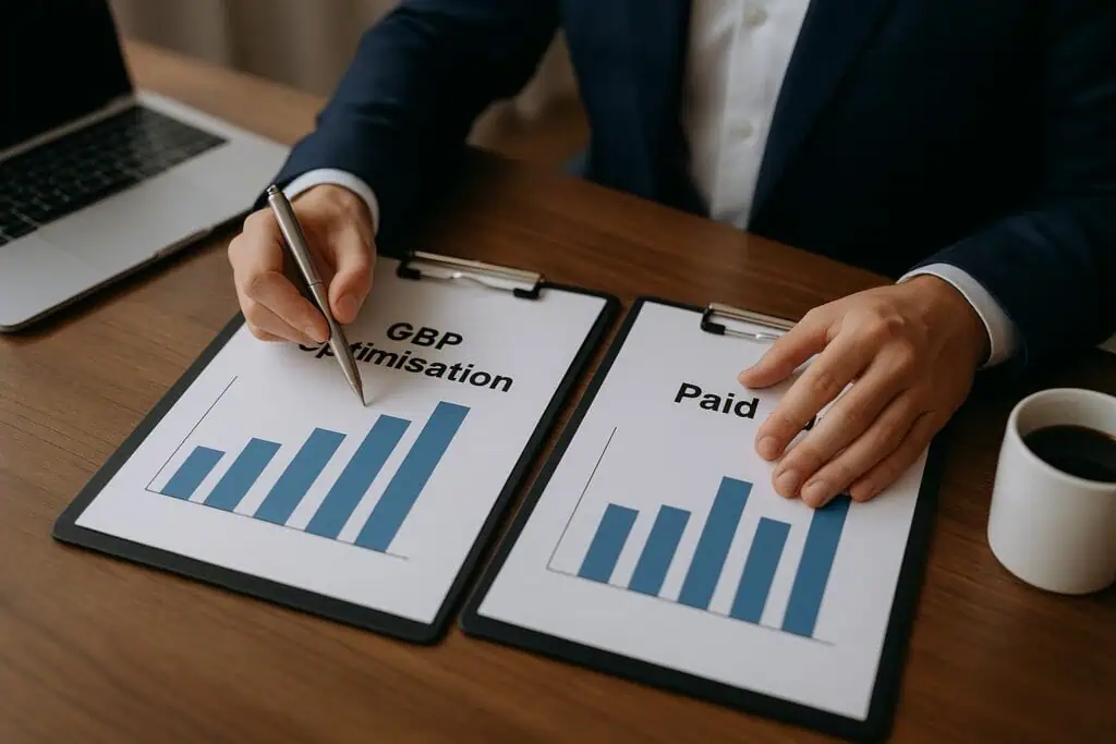 Powerful Google Business Profile Optimisation for Kilmarnock Businesses 4 a person holding a pen over a clipboard with graph on it - GBP Optimisation vs Paid Ads — Where to Invest First?