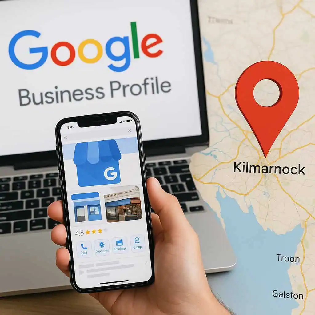 Powerful Google Business Profile Optimisation for Kilmarnock Businesses 1 a hand holding a phone with a map and a laptop Google Business Profile Optimisation for Kilmarnock Businesses
