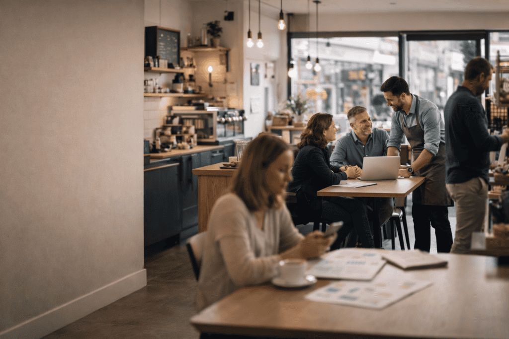 Retargeting Ad Strategies for Website Visitors: A Practical Guide for UK Businesses 13 Modern cafe scene with a woman checking a marketing strategy report.
