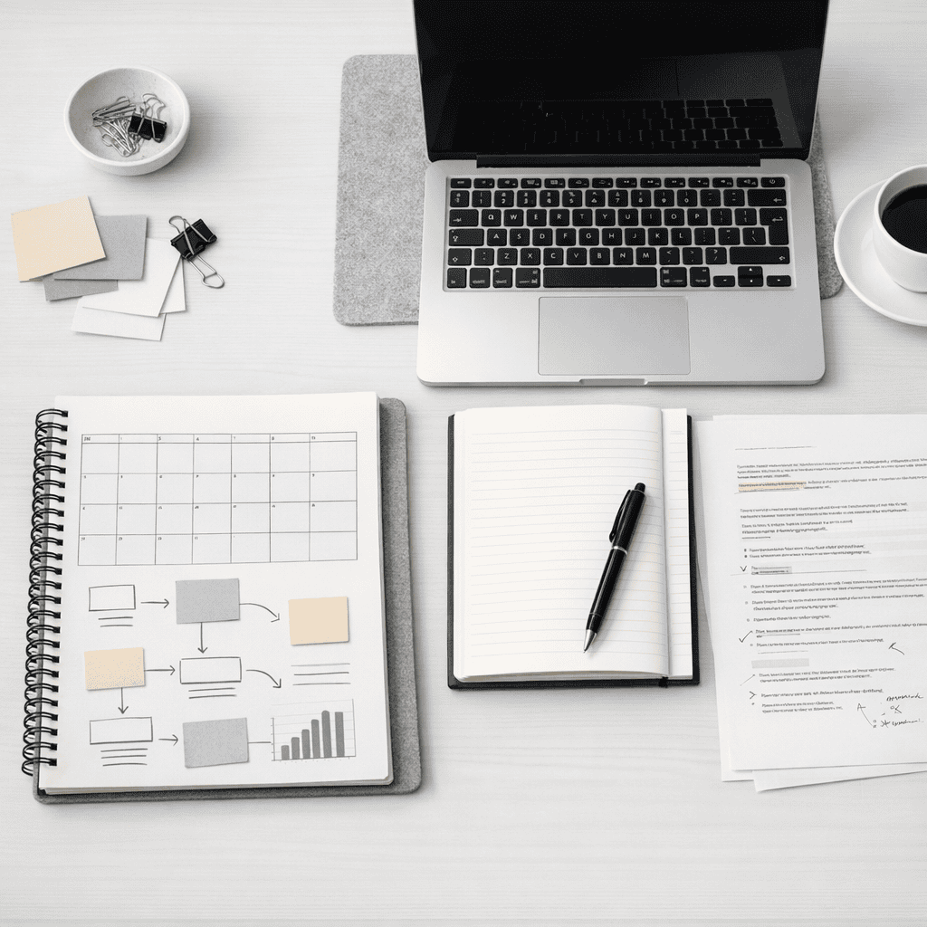 Content Marketing and Copywriting: What’s the Difference and Why It Matters 8 Content Marketing and Copywriting - Desk with laptop and notebook