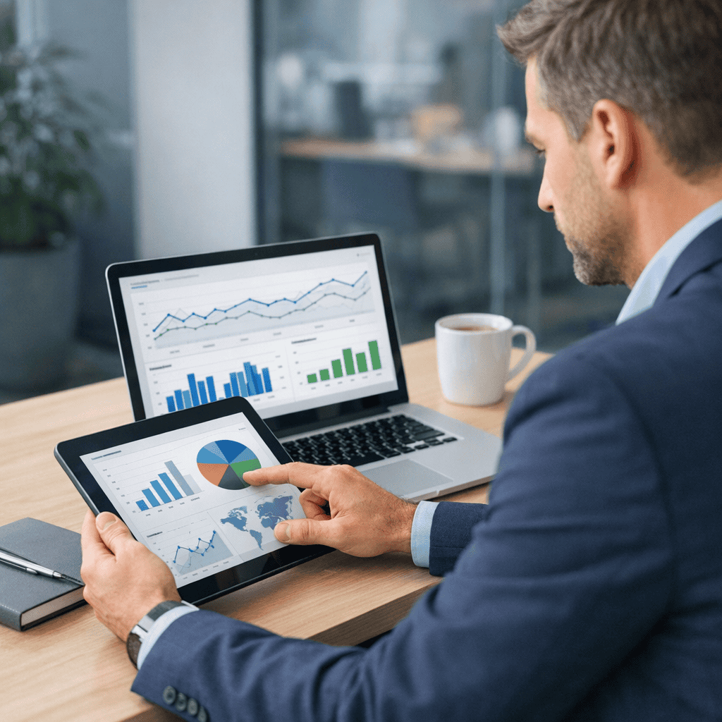 How to Develop Your Content Marketing Strategy: A Practical Guide for UK Businesses 4 Develop Your Content Marketing Strategy - Consultant reviewing data on laptop and tablet