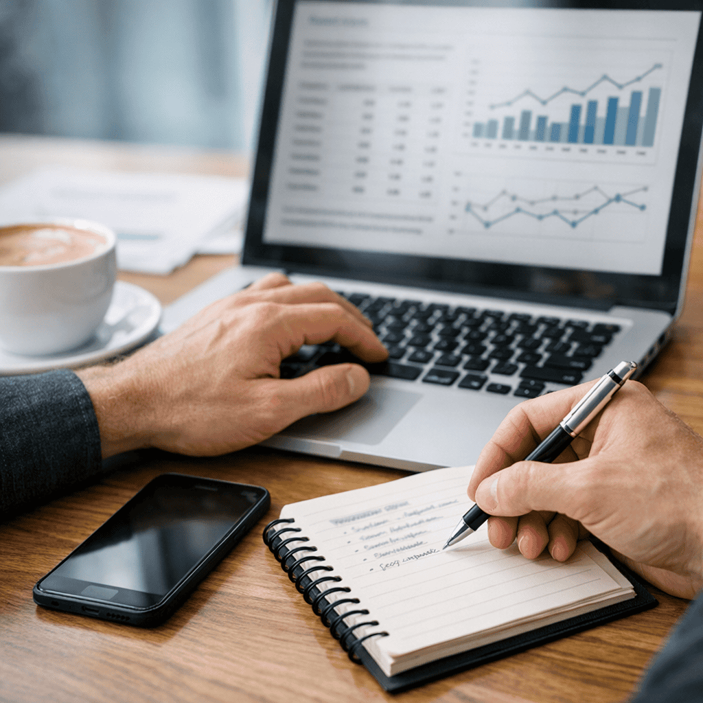Keyword Research for SEO: A Practical Guide for UK Businesses 1 Keyword Research For SEO - taking notes from reports on a laptop
