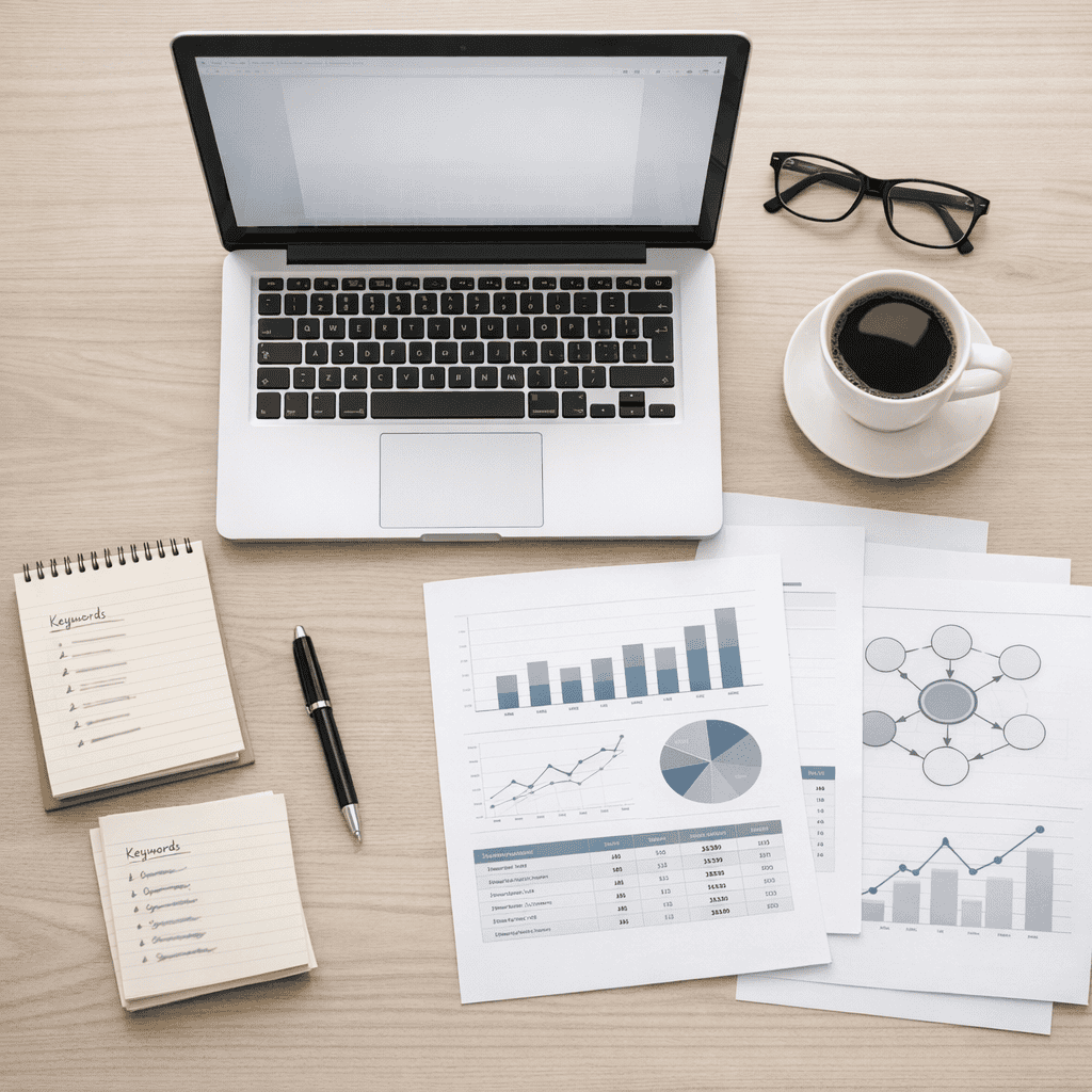 Keyword Research for SEO: A Practical Guide for UK Businesses 3 Keyword Research For SEO - Desk with reports and laptop