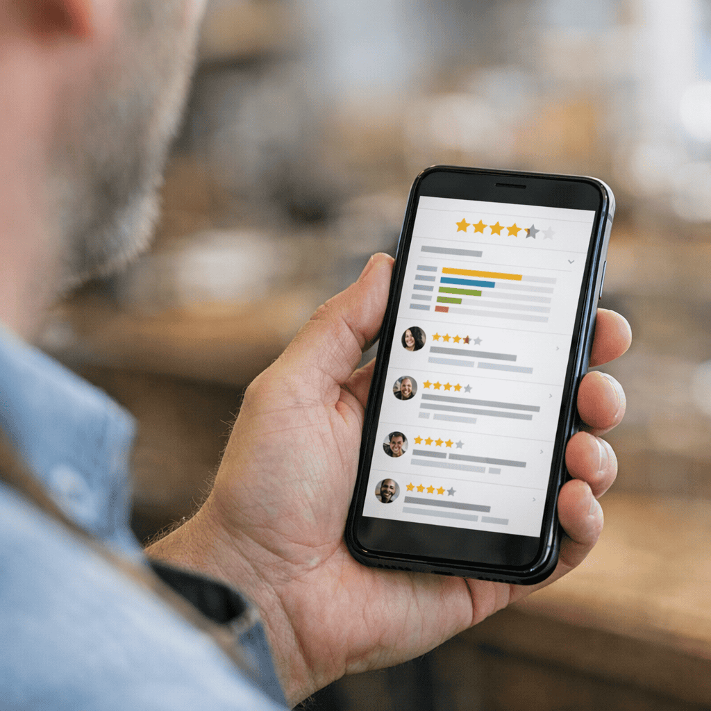 Local Business Marketing Strategies: 8 Practical Ways to Win More Customers 3 Local business marketing strategies - Checking reviews on a smartphone