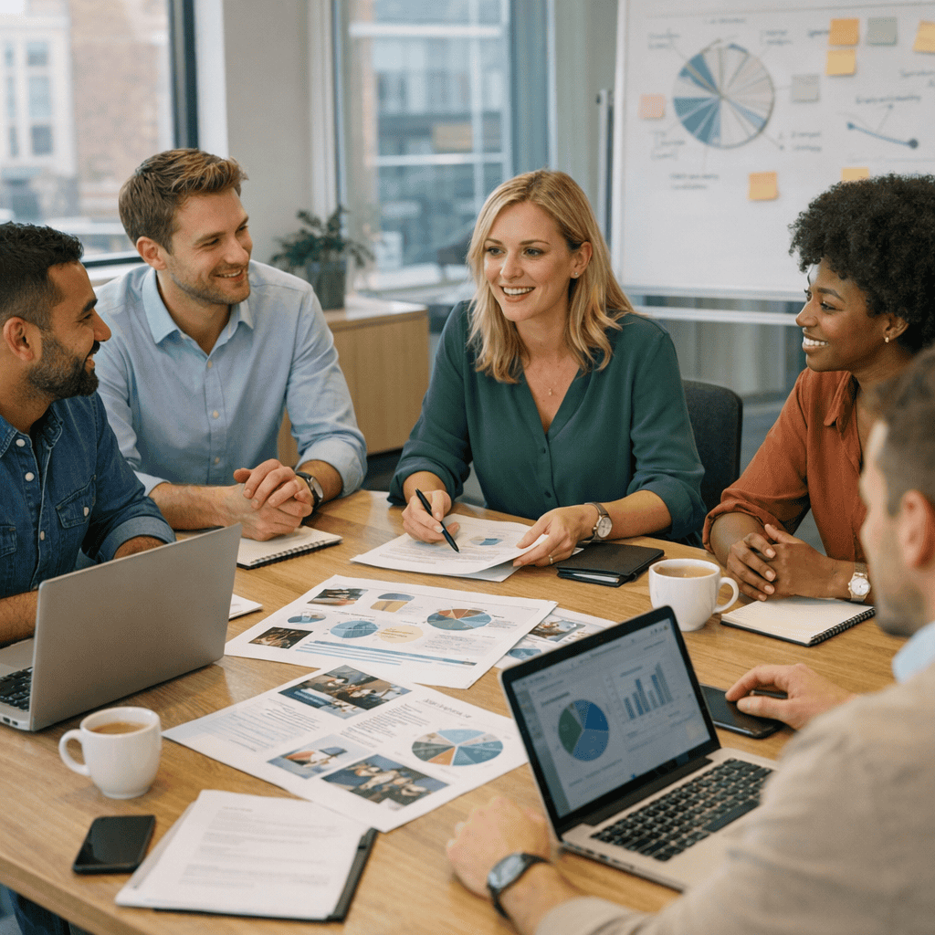 How to Send Email Marketing Campaigns That Get Results 2 Send Email Marketing Campaigns - team discussing reports on marketing