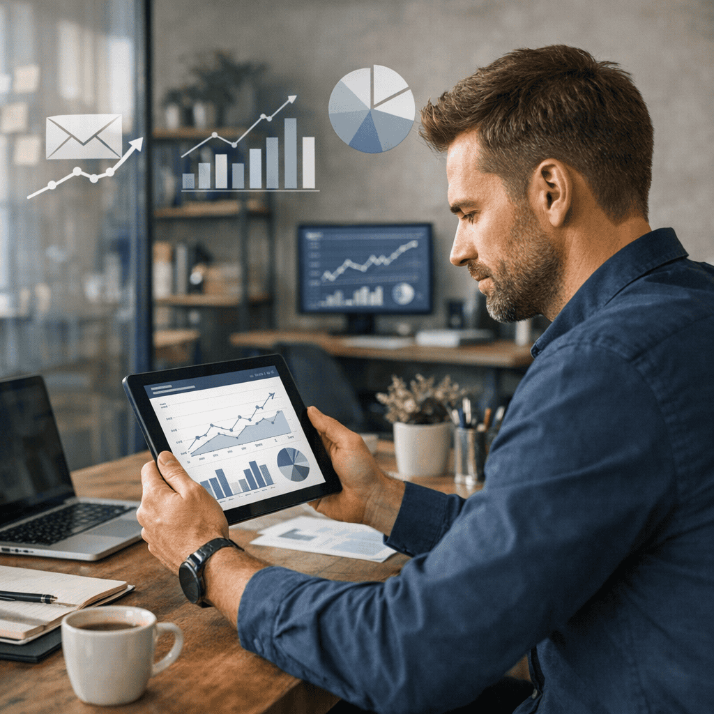 How to Send Email Marketing Campaigns That Get Results 1 Send Email Marketing Campaigns - consultant checking data results.