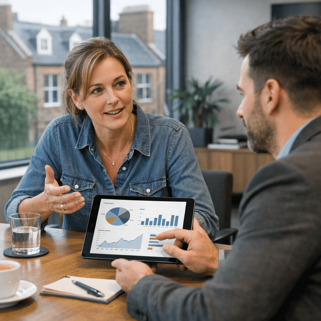 AI Marketing Strategies for UK Businesses: Practical Ways to Improve Results 2 AI Marketing Strategies - Consultant explaining AI marketing