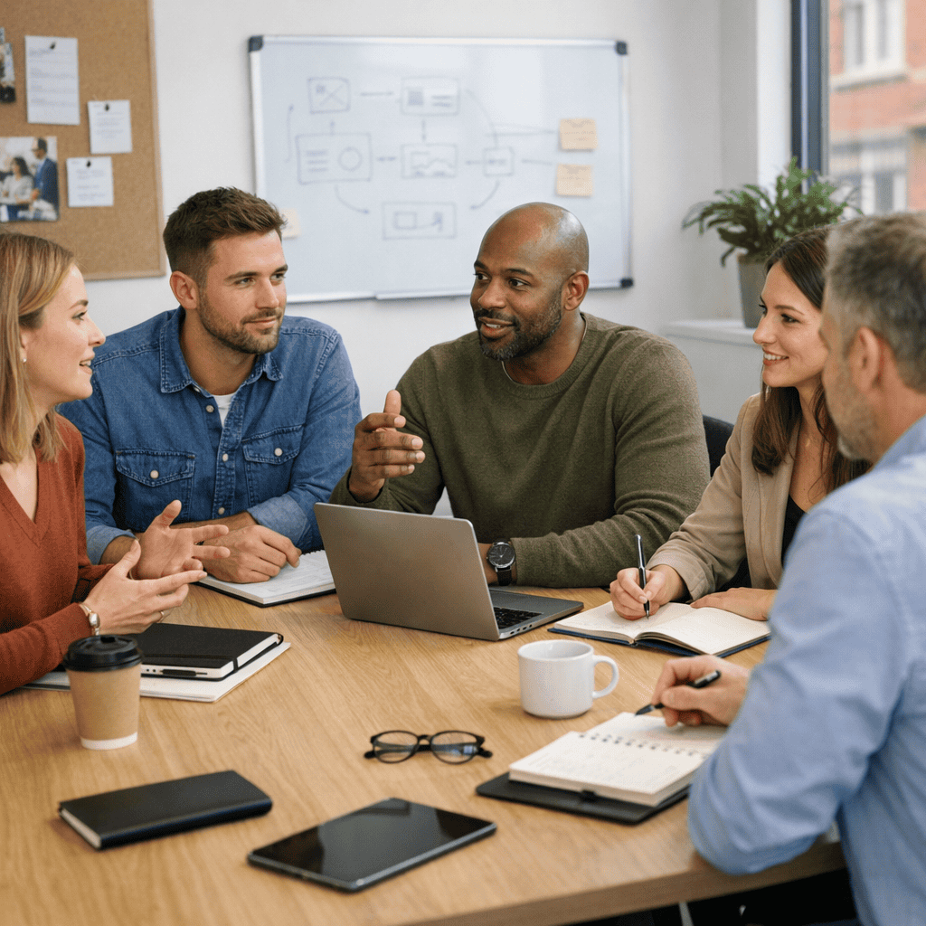 Email Marketing Best Practices: 10 Practical Ways to Improve Campaign Performance 2 Diverse group of professionals engaged in a digital marketing planning session.