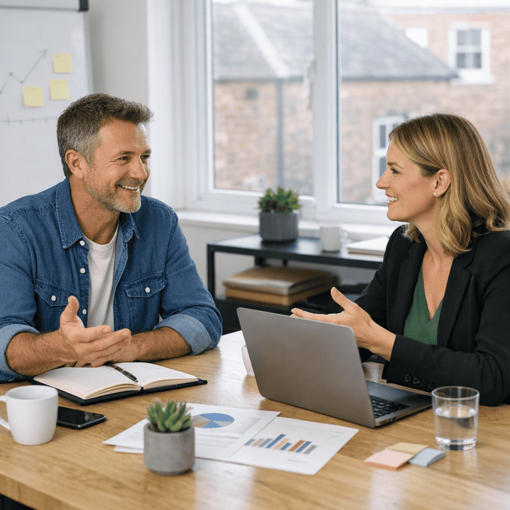 Expert Marketing Strategies for UK Businesses: How to Build Sustainable Growth 3 Expert Marketing Strategies - Client and consultant discussing data
