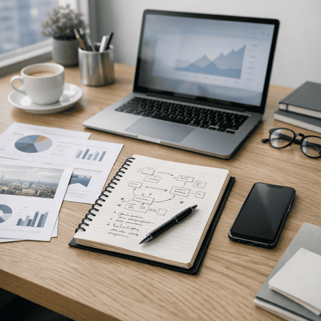 Expert Marketing Strategies for UK Businesses: How to Build Sustainable Growth 4 Expert Marketing Strategies - Desk with laptop and notebook