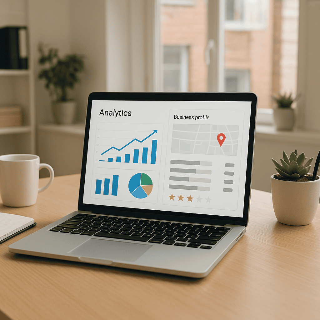Why Your Google Business Profile Isn’t Ranking and How to Fix It 2 Google Business Profile isn't ranking - Laptop with analytics