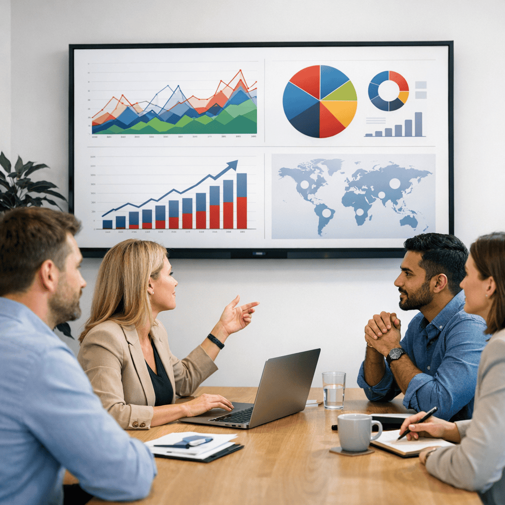 Leveraging Social Media for Business Growth: A Practical Guide for UK Companies 4 Leveraging Social Media - Agency meeting room with large screen data