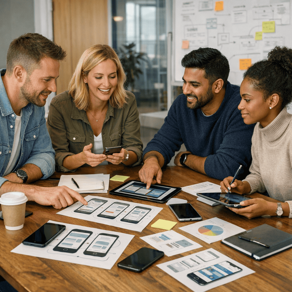 Mobile Marketing Strategies That Help UK Businesses Reach More Customers 2 Mobile Marketing Strategies - Marketers reviewing mobile website design strategies