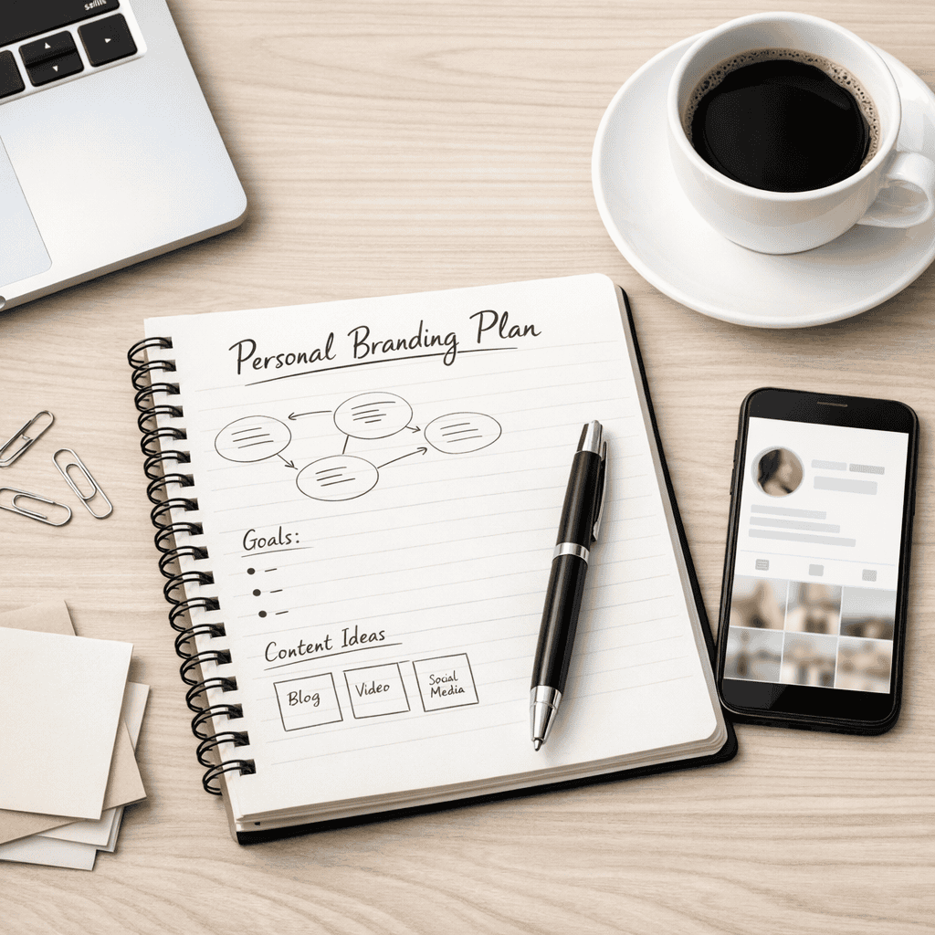 Personal Branding in Digital Marketing: How UK Businesses Can Build Trust and Visibility 3 Personal Branding - Notebook on desk with plan