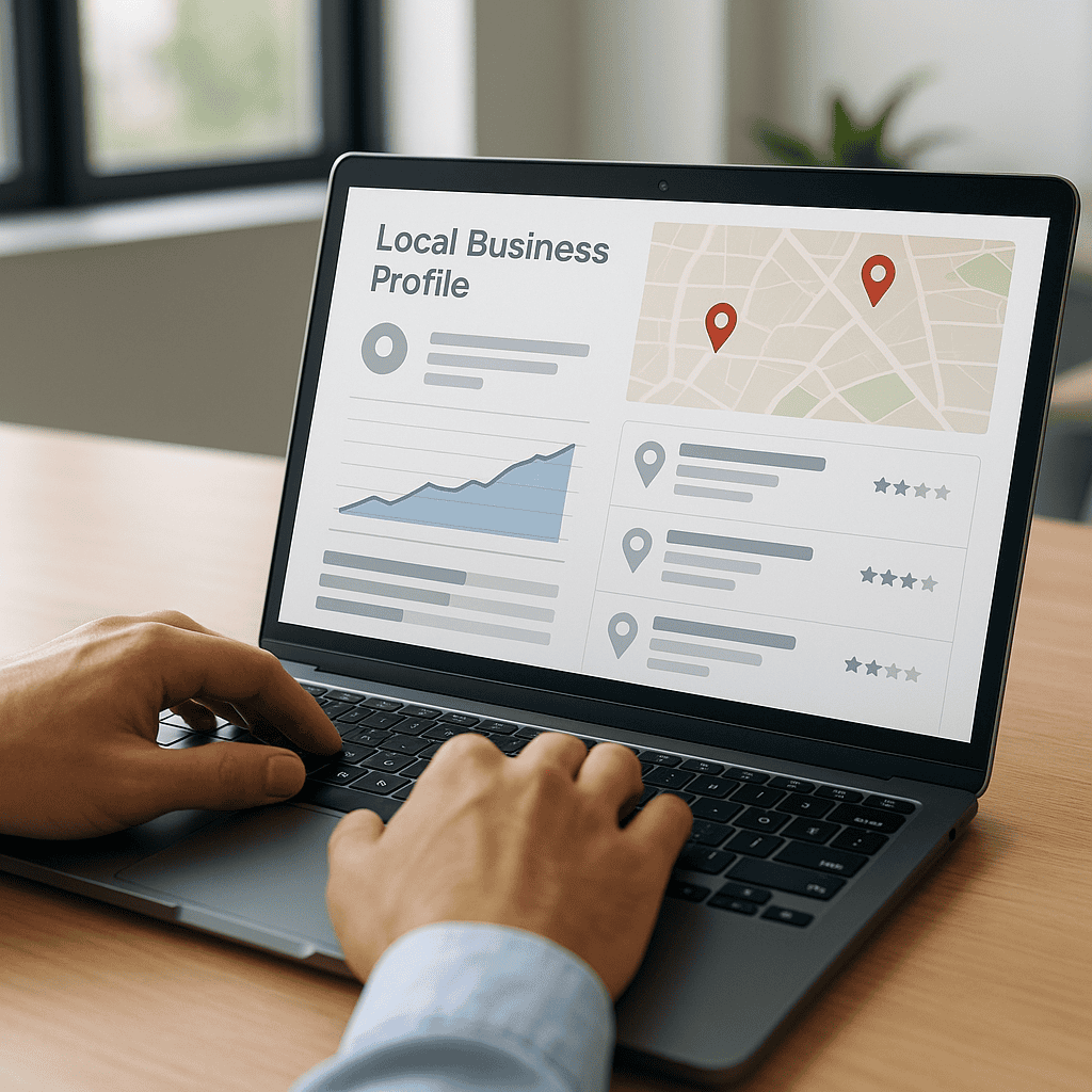How to Rank in the Google 3-Pack in Ayrshire: A Practical Guide for Local Businesses 3 Rank in the Google 3-Pack in Ayrshire - Checking GBP on laptop