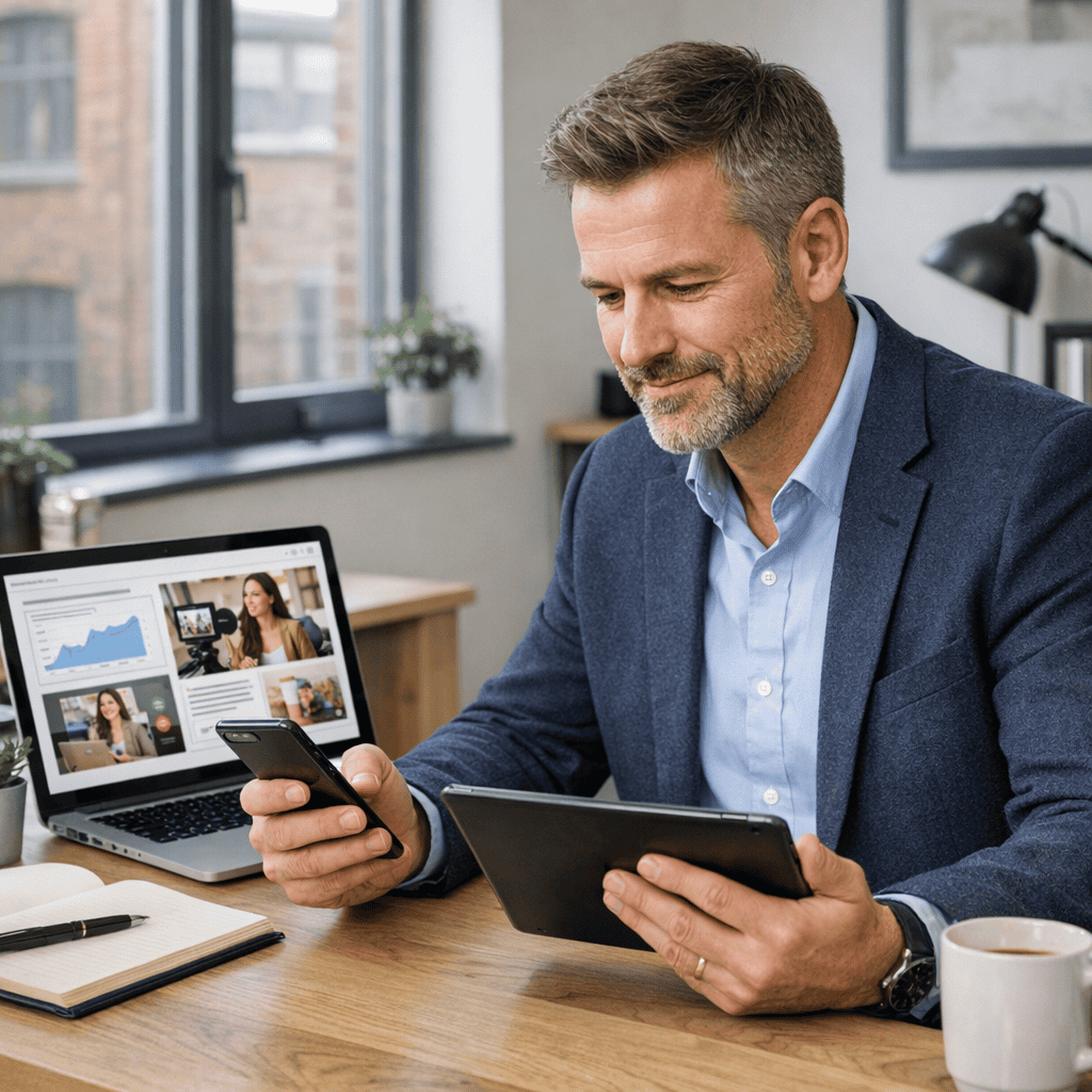 How to Create a Consistent Brand Voice Across All Channels 4 consistent brand voice across all channels - Checking laptop, tablet and mobile data