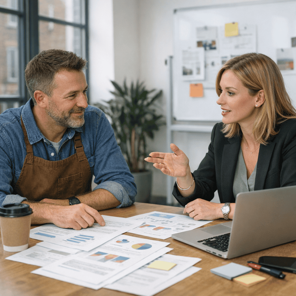 How to Create Digital Marketing Campaigns That Deliver Real Results 6 creating digital marketing campaigns - Consultant and client discussing data