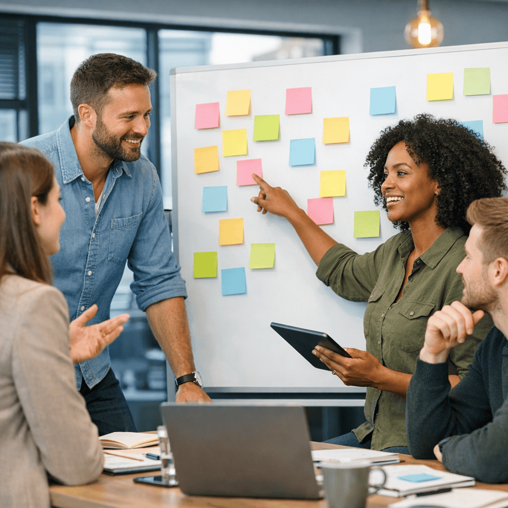 How to Create Digital Marketing Campaigns That Deliver Real Results 8 creating digital marketing campaigns - Team discussing ideas on a whiteboard