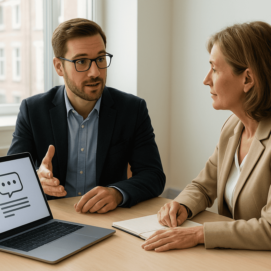 How AI Chatbots in Digital Marketing Plans Can Improve Lead Generation and Customer Service 4 consultant discussing ai chatbots with client