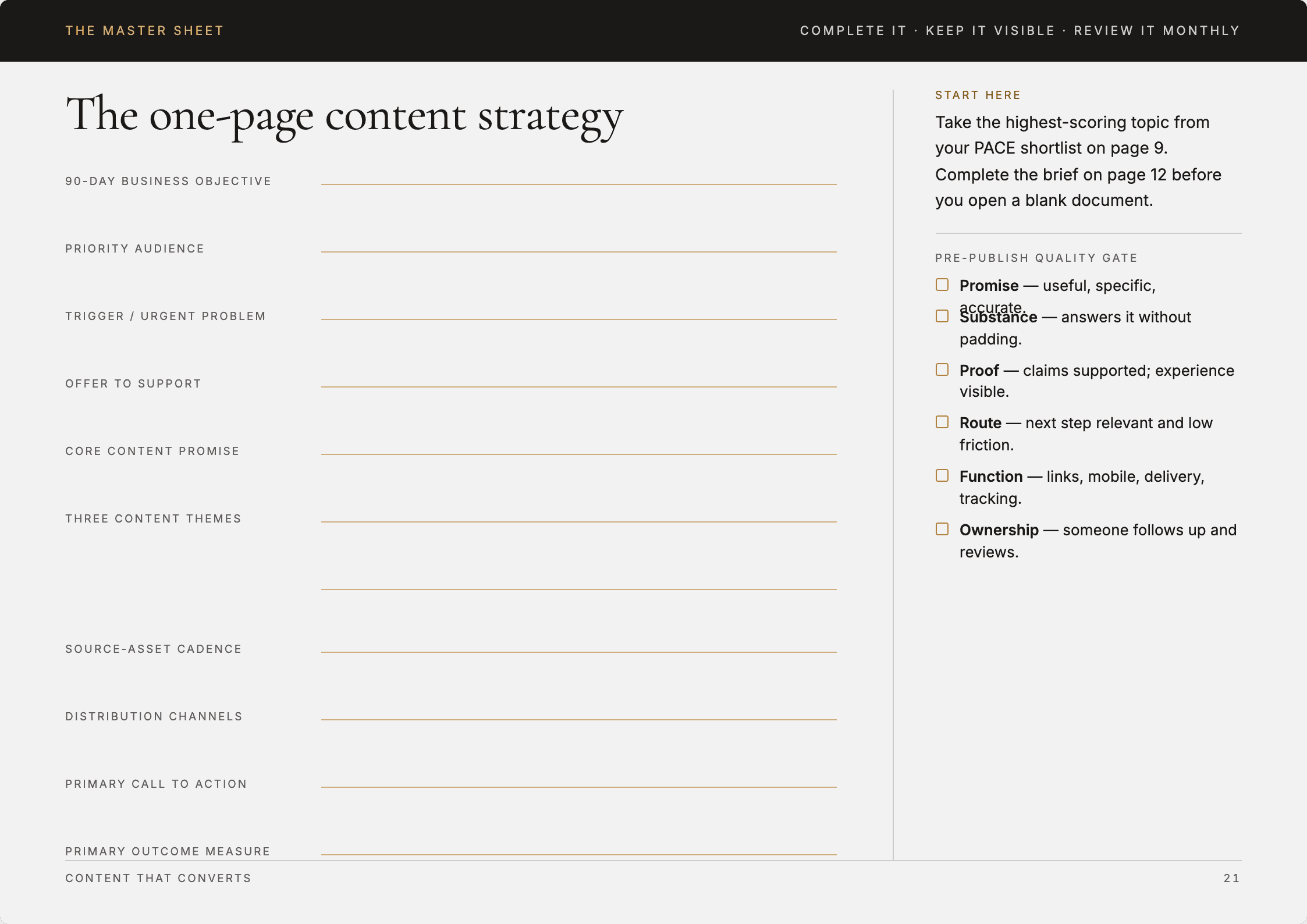 The one-page content strategy sheet from page 21 of the guide
