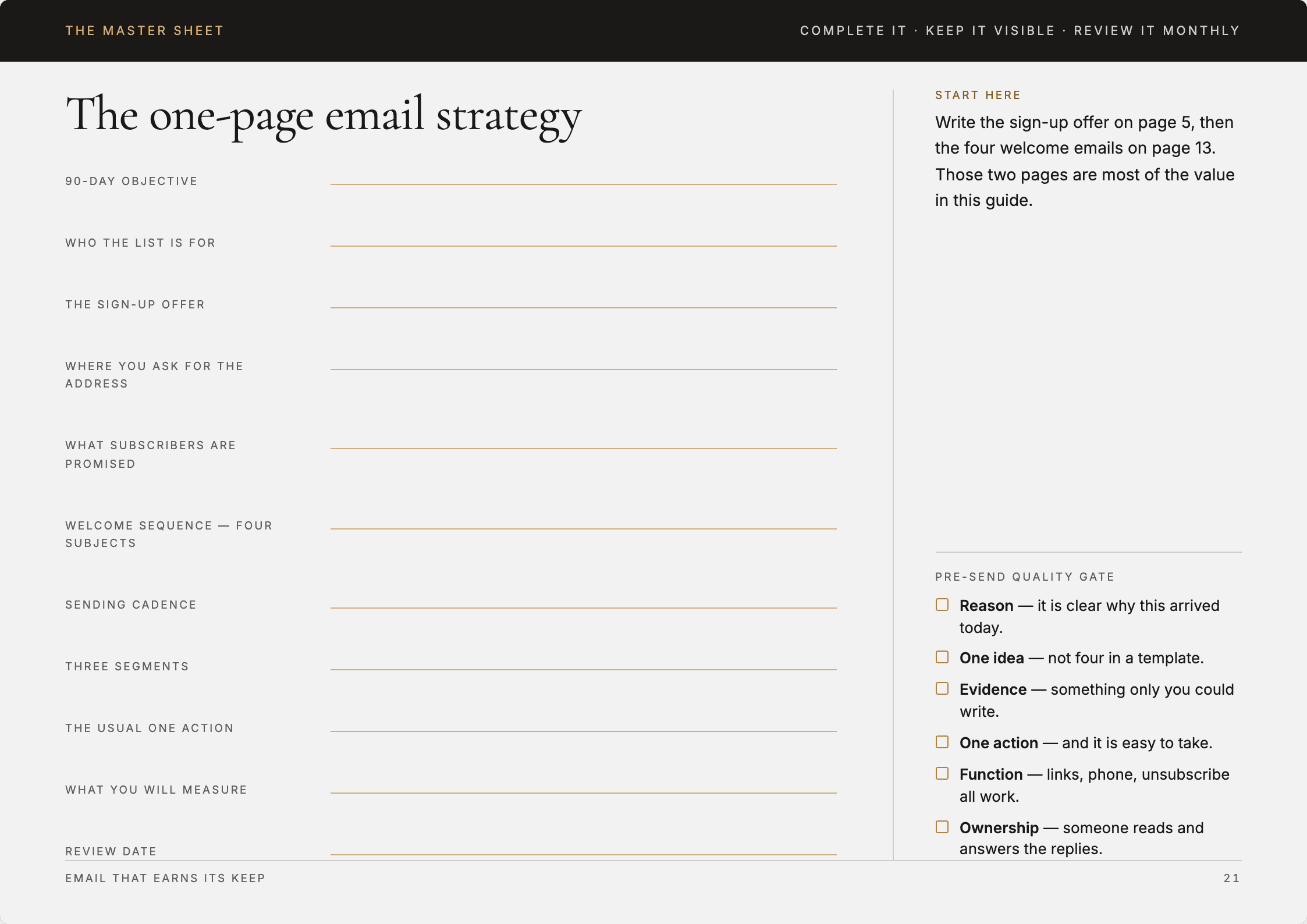 The one-page email strategy sheet from page 21 of the guide