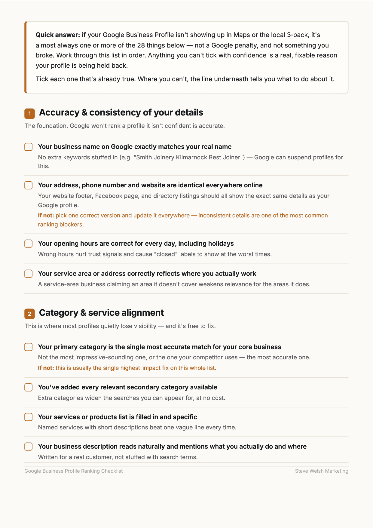 Sections 1 and 2 of the checklist: accuracy of your details, and category and service alignment