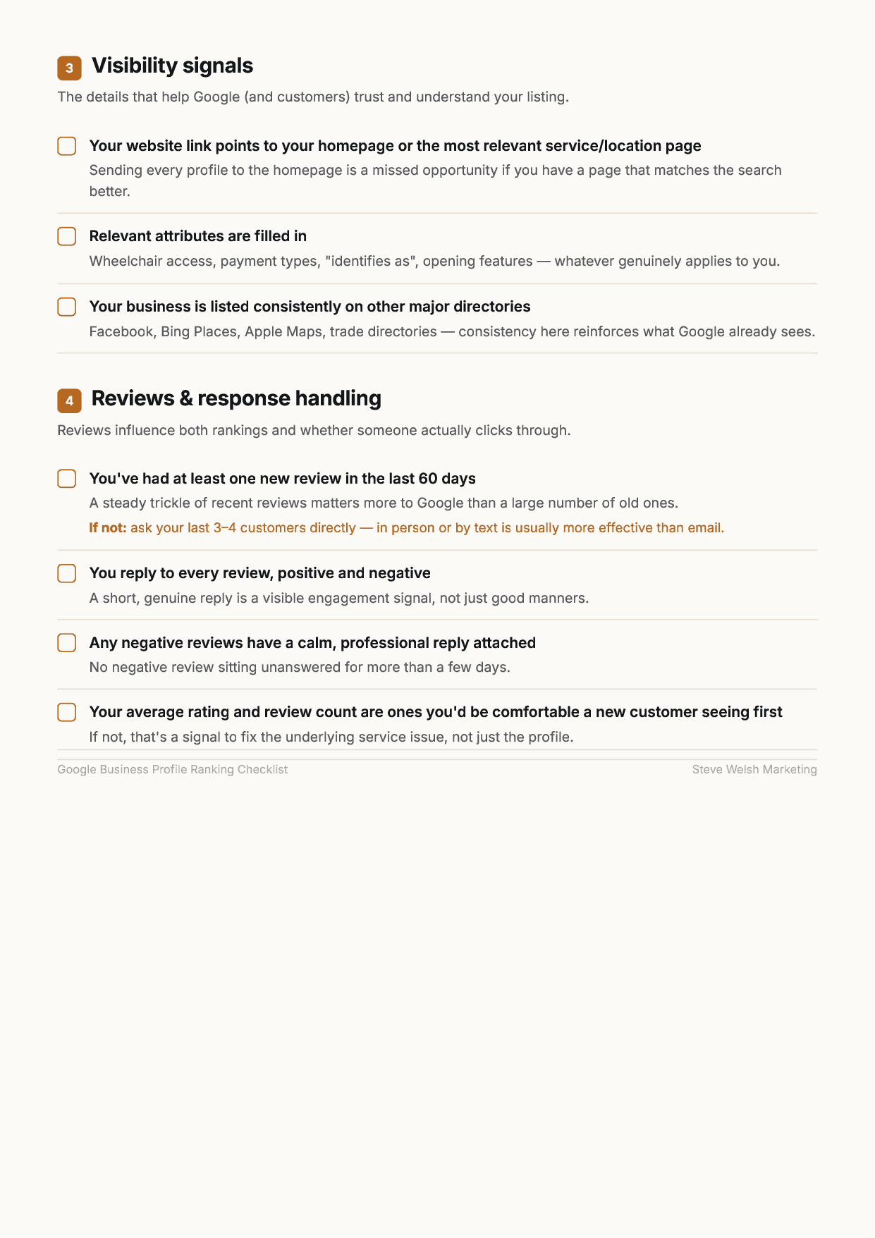 Sections 3 and 4 of the checklist: visibility signals, and reviews and response handling